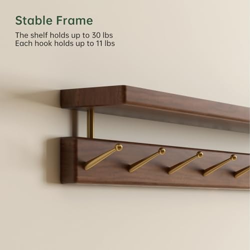 Wayshome Walnut Wall Hooks with Shelf, Coat Rack Wall Mount, Entryway Hanging Shelf with 7 Brass Hooks for Hats, Clothes, Towels, Bags, Black Walnut Wood, Natural - Image 3