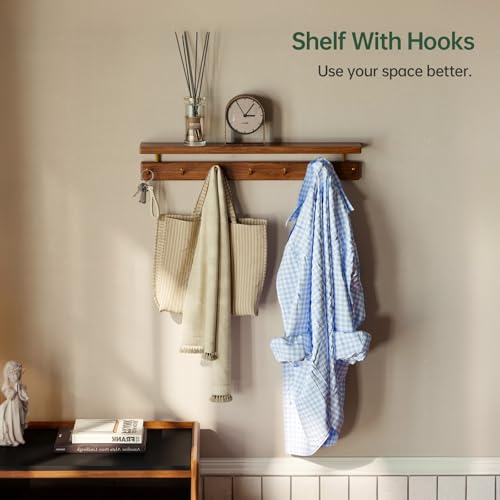 Wayshome Walnut Wall Hooks with Shelf, Coat Rack Wall Mount, Entryway Hanging Shelf with 7 Brass Hooks for Hats, Clothes, Towels, Bags, Black Walnut Wood, Natural - Image 4