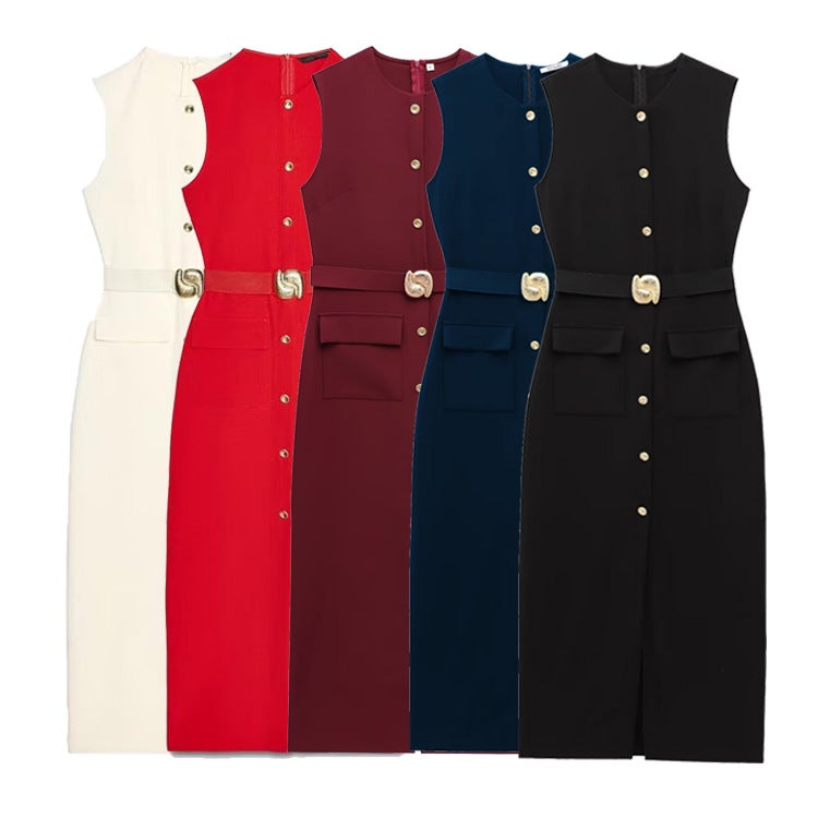 Women's Sleeveless Midi Dress with Belt - Image 1