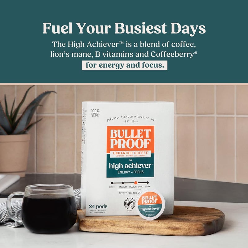 Bulletproof The High Achiever Single-Serve Pods, 24 Count, Medium-Dark Roast Enhanced Coffee with Lion's Mane Mushroom, B Vitamins, and Adaptogens for Energy and Focus - Image 4