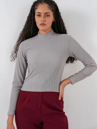 BIG DART BDART Striped Half Turtleneck Long Sleeve Top with Stone Detail