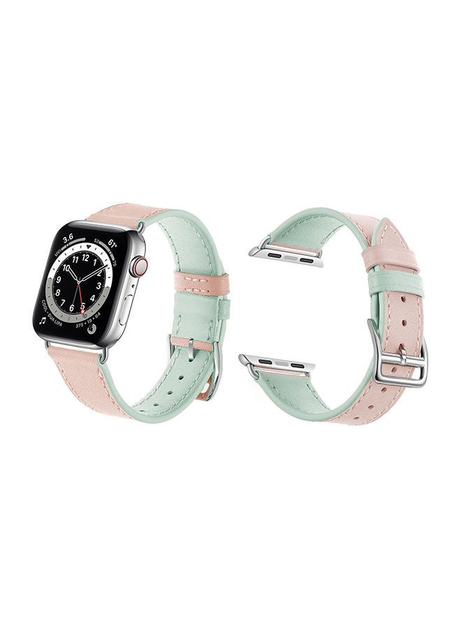 NIBEMINENT Genuine Leather Replacement Band For Apple Watch Series 6/SE/5/4/3/2/1 Pink Light Green