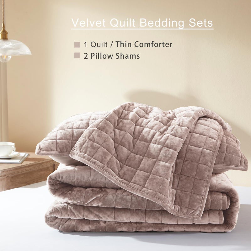 LEAONME Velvet Quilt Oversized California King-120''x120'', Lightweight Dusty Pink Comforter Set with 2 Pillow Shams, Oversized Bedspread Coverlet Quilted Bedding Set for All Season - Image 5
