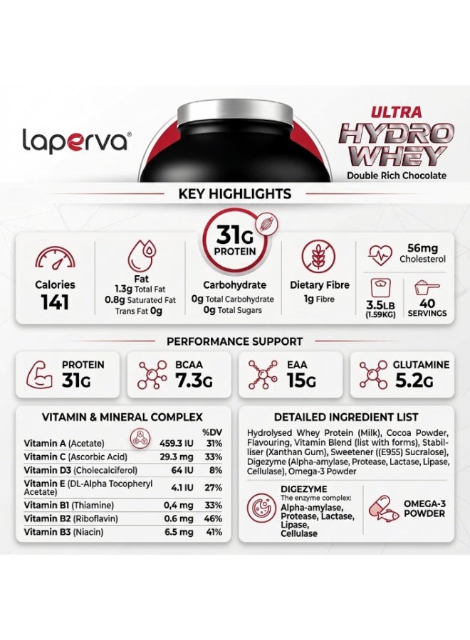 Laperva Ultra Hydro Whey Double Rich Chocolate  Unleash the Power of High Quality Hydrolyzed Whey Protein, Experience Faster Muscle Recovery, Vitamin Enhanced Formula - 3.5 lb, 40 servings - Image 3