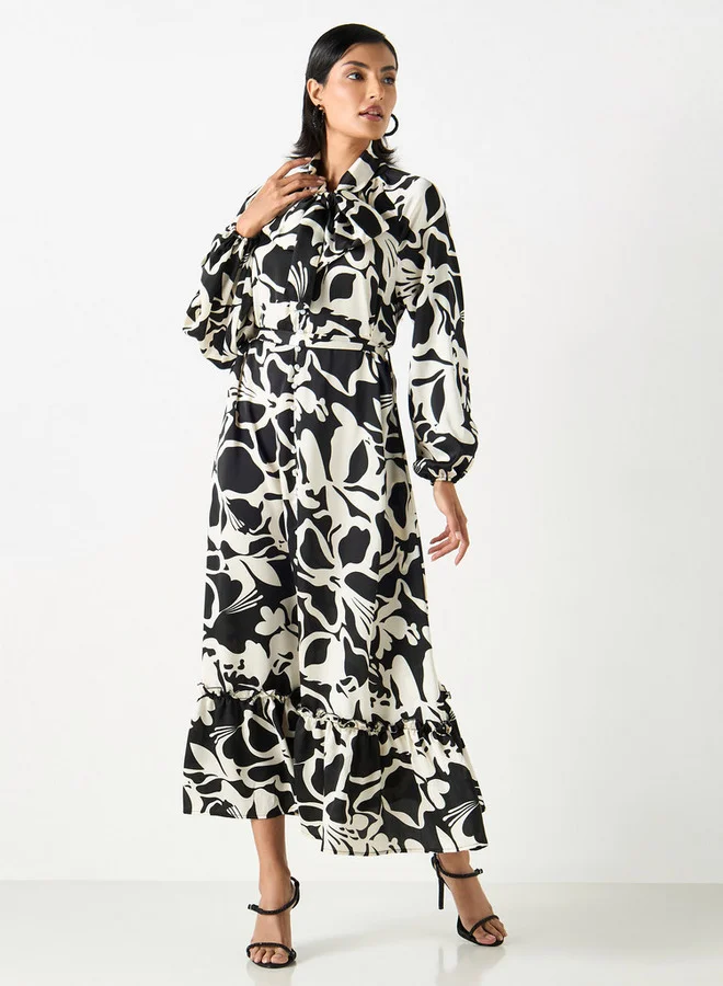 2Xtremz 2Xtremz All-Over Floral Print Maxi A-line Belted Dress with Neck Tie-Ups