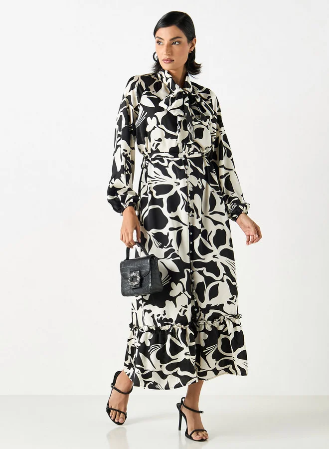 2Xtremz 2Xtremz All-Over Floral Print Maxi A-line Belted Dress with Neck Tie-Ups