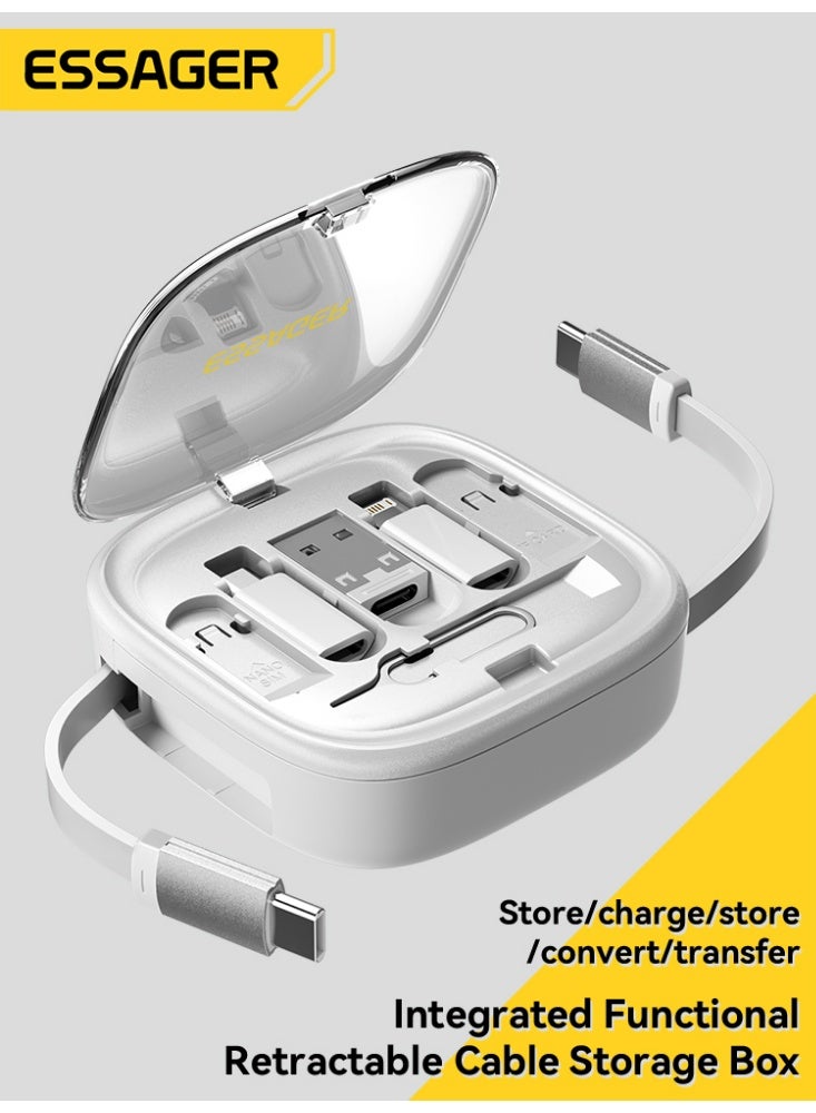 ESSAGER 5-in-1 Retractable USB Charging Cable Kit, 60W Fast Charging with Multi Adapters, SIM/TF Slots, Eject Pin, Phone Stand for Travel Office Home (White) - Image 1