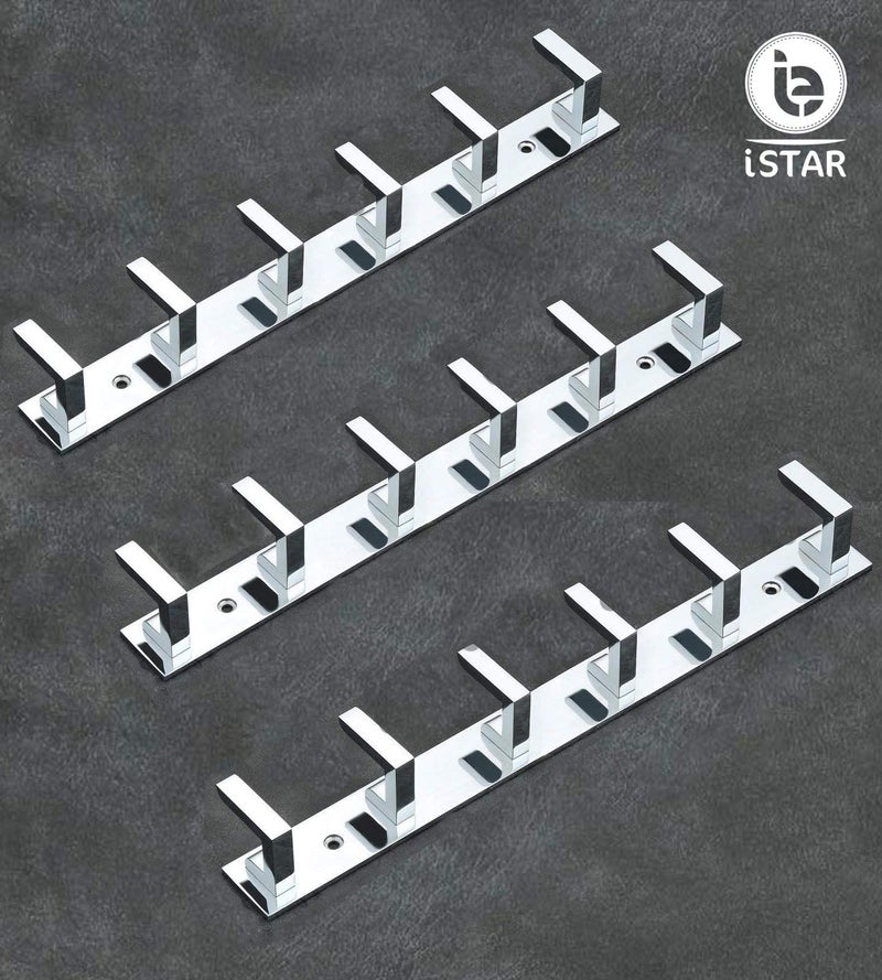 iSTAR 6 Pin Bathroom Cloth Hooks Hanger Wall Bedroom Bathroom Robe Hooks Rail for Hanging Keys,Clothes,Towel Steel Hook (Pack of 3, Silver), Aluminium - Image 3