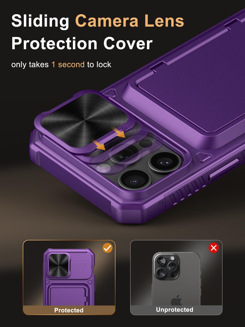 Vihibii for iPhone 15 Pro Max Wallet Case with Card Holder (4 Cards) & Slide Camera Cover & Kickstand, Raised Edges Protect Screen, Rugged Hard Back Cover for iPhone 15 Pro Max, 6.7" 2023, Dark Purple - Image 4