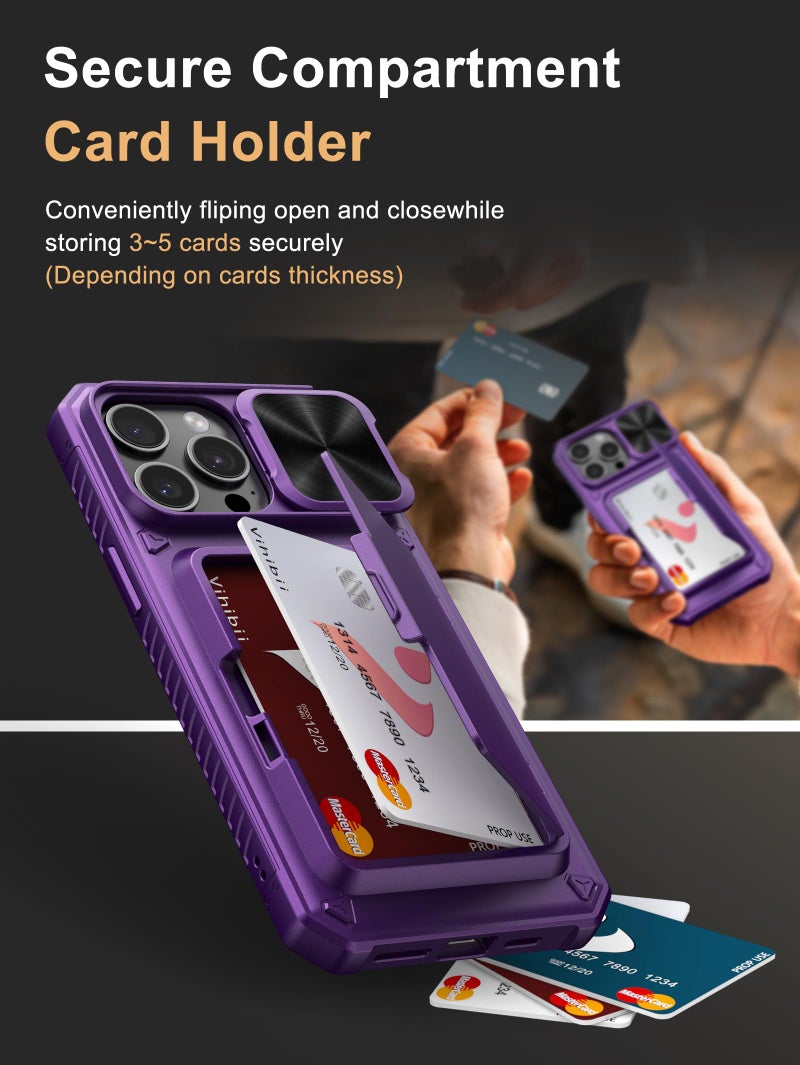 Vihibii for iPhone 15 Pro Max Wallet Case with Card Holder (4 Cards) & Slide Camera Cover & Kickstand, Raised Edges Protect Screen, Rugged Hard Back Cover for iPhone 15 Pro Max, 6.7" 2023, Dark Purple - Image 3