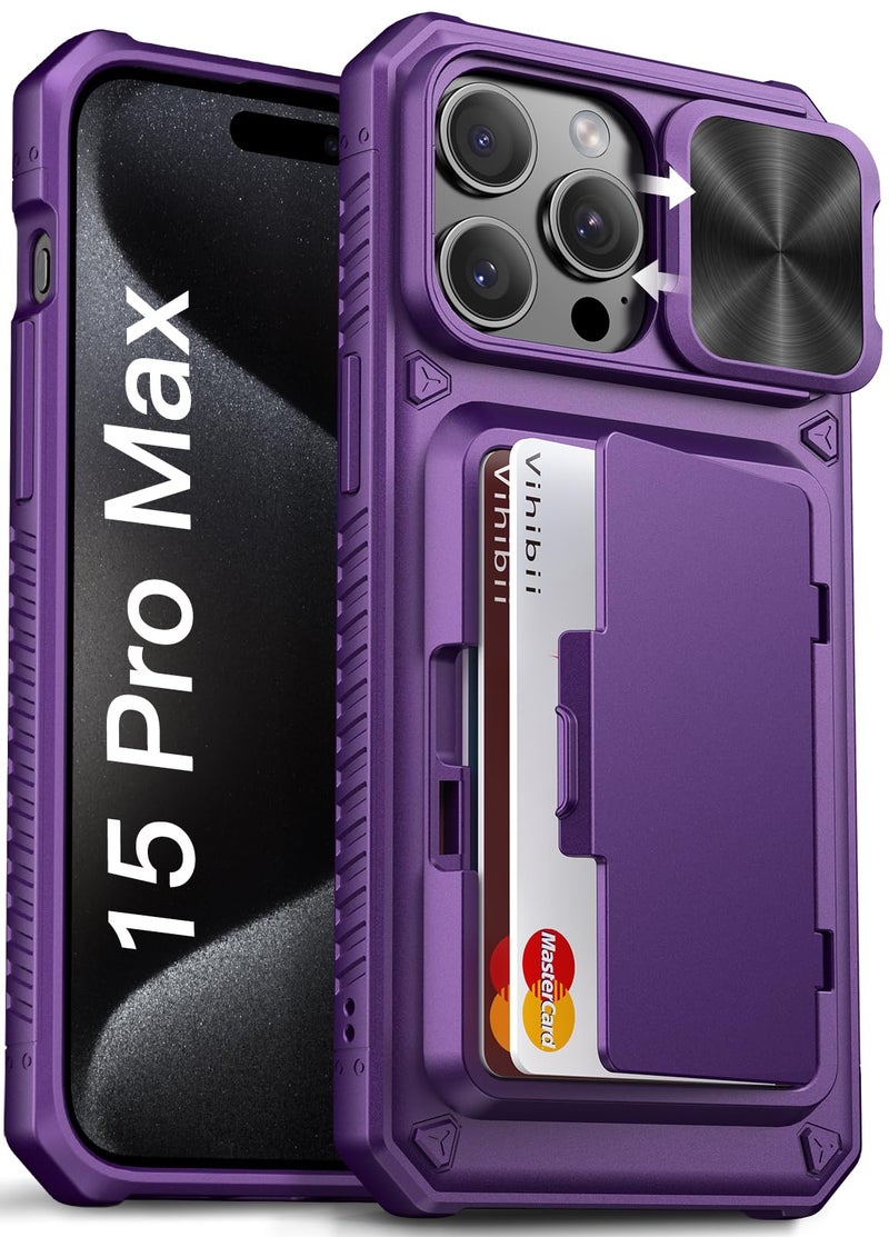 Vihibii for iPhone 15 Pro Max Wallet Case with Card Holder (4 Cards) & Slide Camera Cover & Kickstand, Raised Edges Protect Screen, Rugged Hard Back Cover for iPhone 15 Pro Max, 6.7" 2023, Dark Purple - Image 1