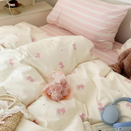 Nayoroom Bow Duvet Cover Queen Size 100% Cotton White Pink Striped Reversible Coquette Bedding Set 3 Pcs Soft Breathable Cute Aesthetic Comforter Cover with Zipper Closure Gift for Women Girls - Image 4