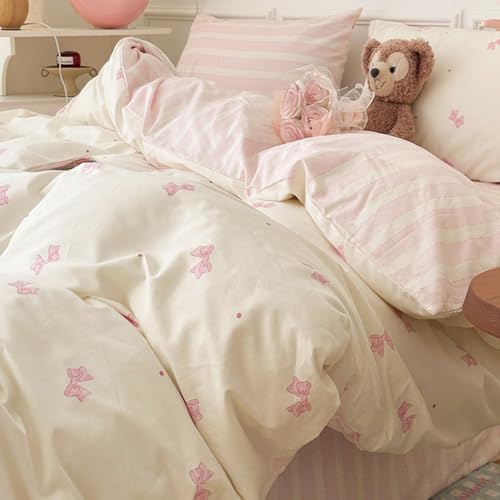 Nayoroom Bow Duvet Cover Queen Size 100% Cotton White Pink Striped Reversible Coquette Bedding Set 3 Pcs Soft Breathable Cute Aesthetic Comforter Cover with Zipper Closure Gift for Women Girls - Image 3