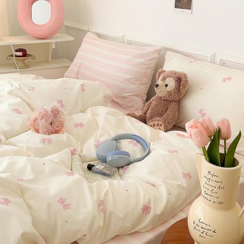 Nayoroom Bow Duvet Cover Queen Size 100% Cotton White Pink Striped Reversible Coquette Bedding Set 3 Pcs Soft Breathable Cute Aesthetic Comforter Cover with Zipper Closure Gift for Women Girls - Image 1