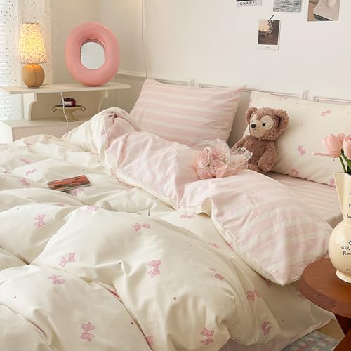 Nayoroom Bow Duvet Cover Queen Size 100% Cotton White Pink Striped Reversible Coquette Bedding Set 3 Pcs Soft Breathable Cute Aesthetic Comforter Cover with Zipper Closure Gift for Women Girls - Image 2