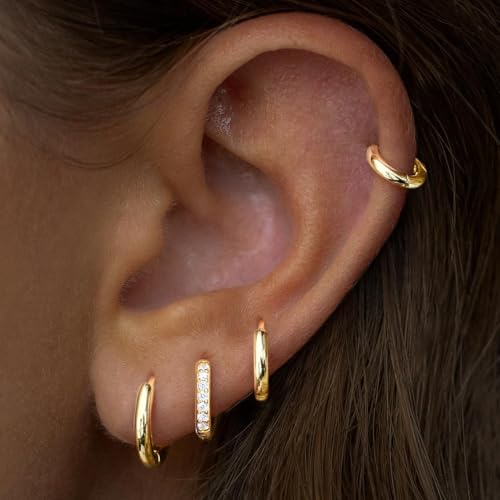 Poxtex Gold Hoop Earrings for Women Trendy Small Huggie Cartilage Earring Stacks for Sensitive Ears Hypoallergenic Helix Conch Rook Tragus Gold Earring Sets for Multiple Piercing Clip On Christmas Jewelry Gifts for Her - Image 3