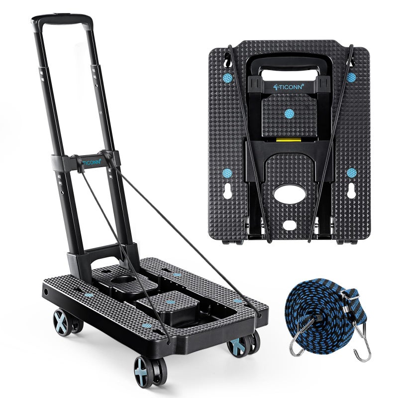TICONN TICONN Folding Portable Dolly Cart Black 4Wheel 110 lbs Capacity Adjustable Handle Silent Wheels 
