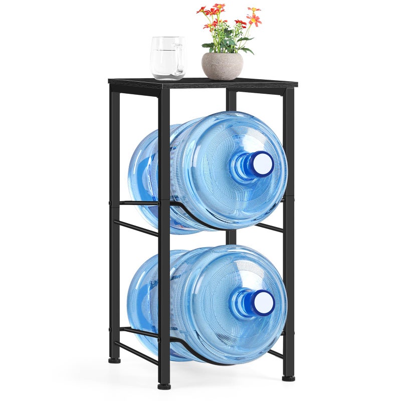 BTY Water Jug Holder 5 Gallon Water Bottle Holder With Top Shelve 2 Tier Water Cooler Storage Rack Heavy Duty Water Dispenser Stand for Kitchen Living Room Office Black - Image 1
