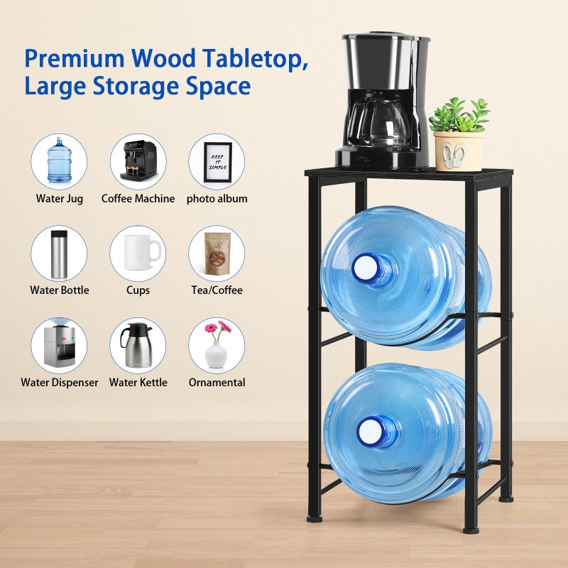 BTY Water Jug Holder 5 Gallon Water Bottle Holder With Top Shelve 2 Tier Water Cooler Storage Rack Heavy Duty Water Dispenser Stand for Kitchen Living Room Office Black - Image 2