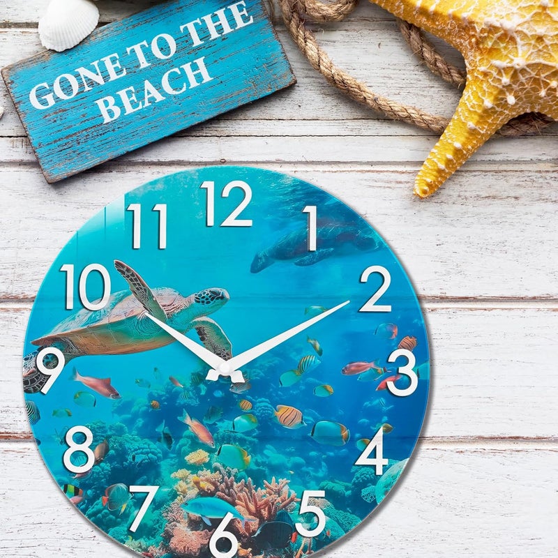 Crosstime 14 Inch Waterproof Outdoor Clock for Patio Poolside, Blue Coastal Nautical Decor Wall Clock for Bathroom Living Room, Sea Turtle Underwater Theme - Image 3