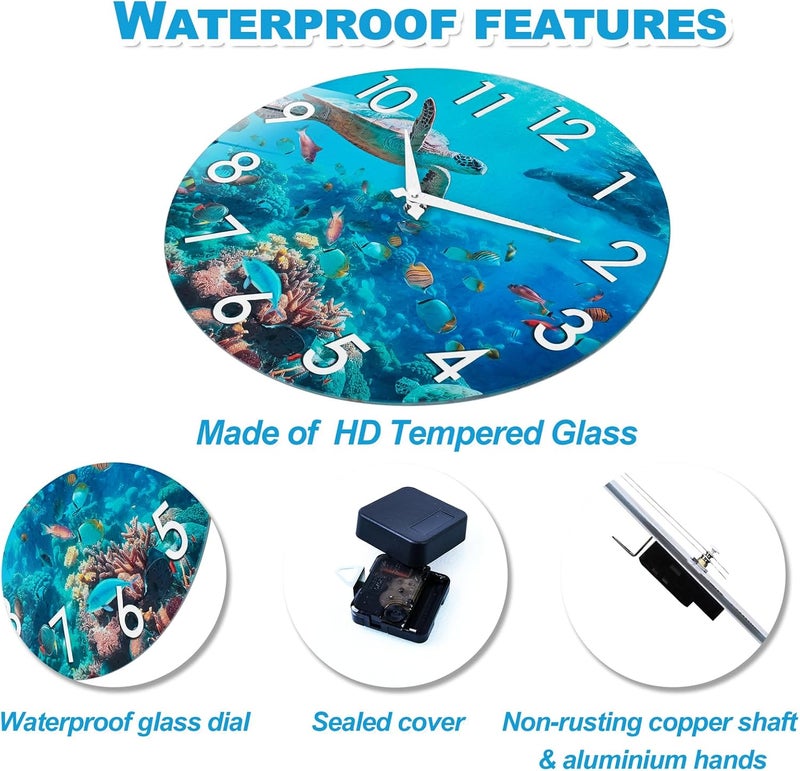 Crosstime 14 Inch Waterproof Outdoor Clock for Patio Poolside, Blue Coastal Nautical Decor Wall Clock for Bathroom Living Room, Sea Turtle Underwater Theme - Image 5