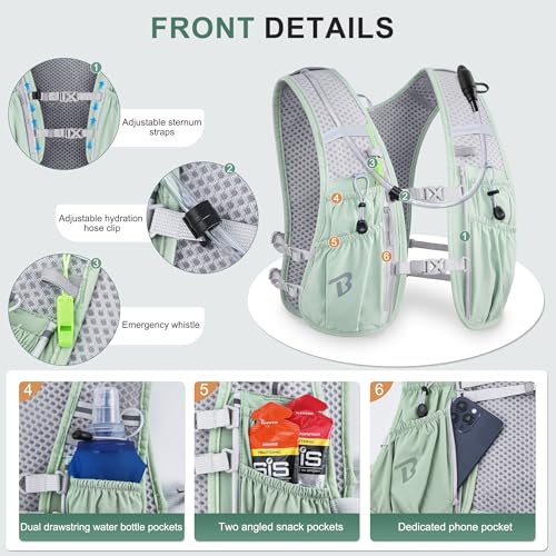 BECOJADDE Running Vest Hydration Backpack with One 15L Water Bag for Men Women 5L Lightweight Running Backpack Hydration for Marathon Trail Cycling Hiking Jogging Green - Image 3