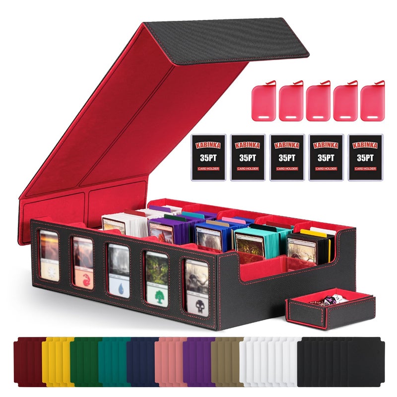 Kabinka Trading Card Storage Box with Commander Display 5Row Deck Case with Removable Lid 3900 Card Deck Box for MTG TCG Sports Card 5 Top Loaders 5 Stoppers 48 Dividers1 Dice Tray Black Red - Image 2