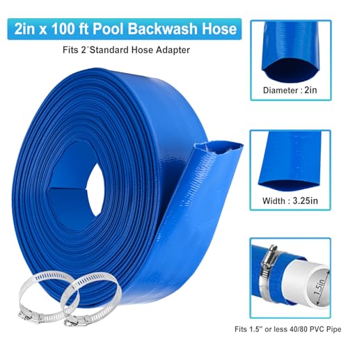 OCGIG 2" x 100 FT Pool Backwash Hose, Heavy-Duty Lay Flat Discharge PVC Hose, Weatherproof Burst Resistant for Water Pool Drain, Swimming Pool Filter Pump, Water Transfer, with 2 Clamps - Image 2