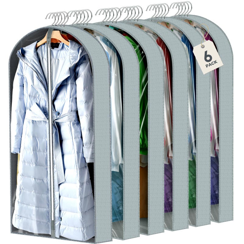 AURUZA 6 Pcs 60" Garment Bags for Hanging Clothes, Clear Suit Bags for Closet Storage Clothing Storage, Garment Bags Shoulder Covers with 4" Gussets for Coats, Jackets, Shirts and Sweater - Image 1