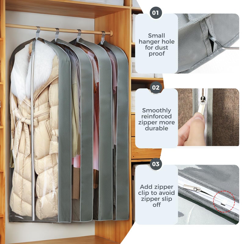AURUZA 6 Pcs 60" Garment Bags for Hanging Clothes, Clear Suit Bags for Closet Storage Clothing Storage, Garment Bags Shoulder Covers with 4" Gussets for Coats, Jackets, Shirts and Sweater - Image 5
