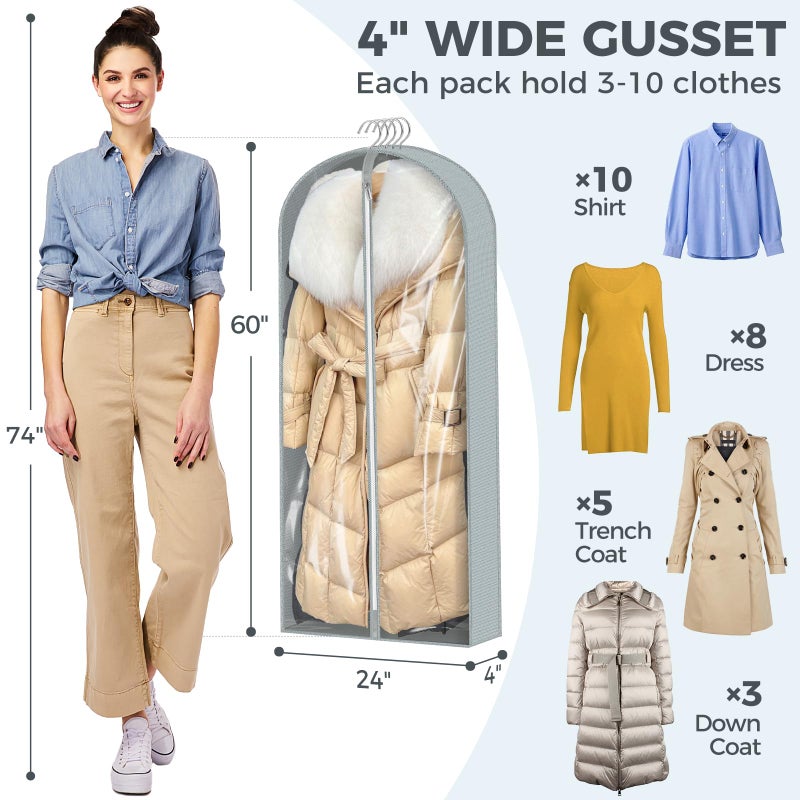 AURUZA 6 Pcs 60" Garment Bags for Hanging Clothes, Clear Suit Bags for Closet Storage Clothing Storage, Garment Bags Shoulder Covers with 4" Gussets for Coats, Jackets, Shirts and Sweater - Image 4