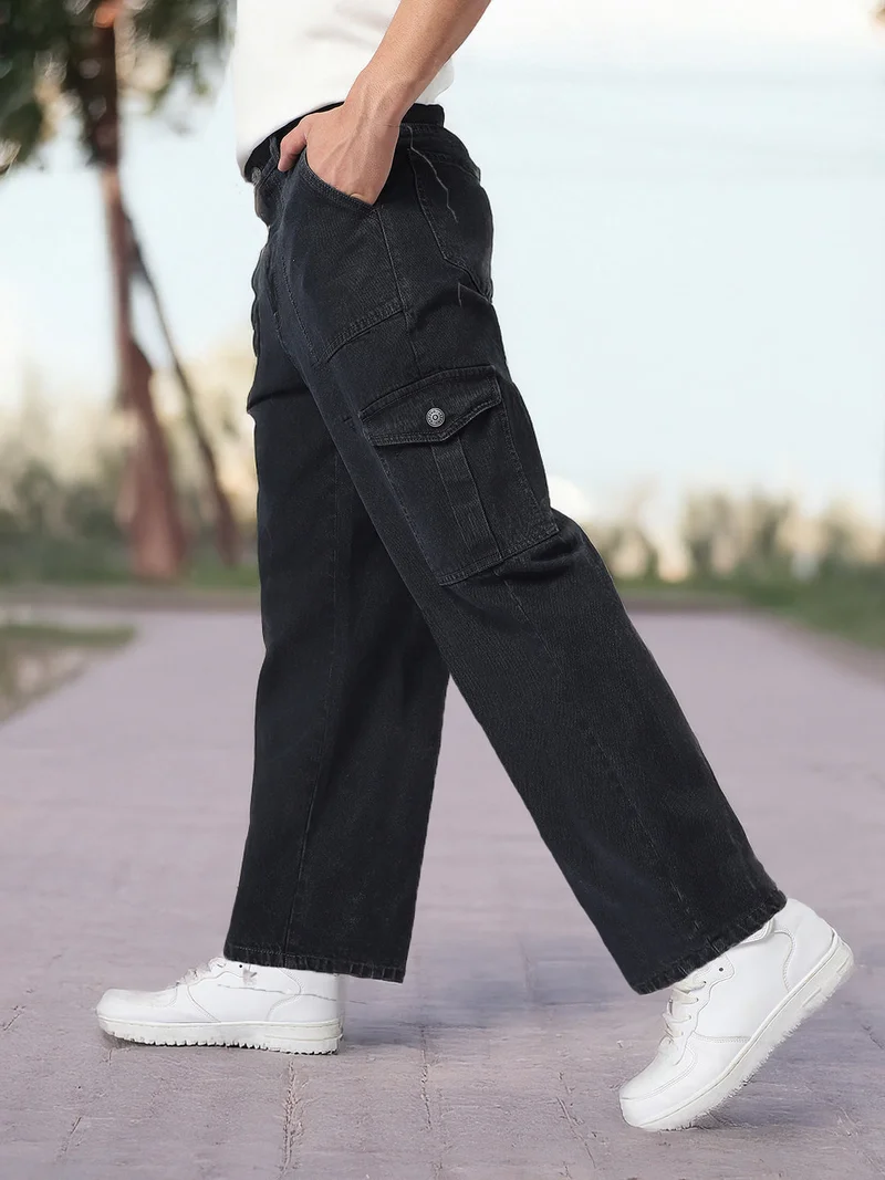 Urbano Fashion Men's Dark Grey Loose Fit Cargo Jeans with 6 Pockets Non-Stretchable