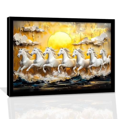 kotart Seven Running Vastu Lucky Horse Rising Sun Painting Wall Décor | 7 Horses Vastu Frame Wall Art Painting for Living Room Bedroom Office Home Décor Size (19x25 inch) - Image 1