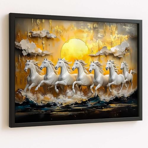 kotart Seven Running Vastu Lucky Horse Rising Sun Painting Wall Décor | 7 Horses Vastu Frame Wall Art Painting for Living Room Bedroom Office Home Décor Size (19x25 inch) - Image 2
