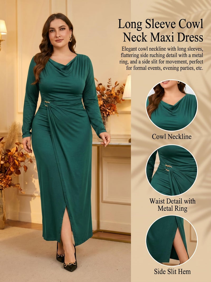 Ekaliy Women's Elegant Cowl Neck Bodycon Maxi Dress Long Sleeve Party Cocktail Wedding Guest Dress Long Dark Green Dresses L - Image 5