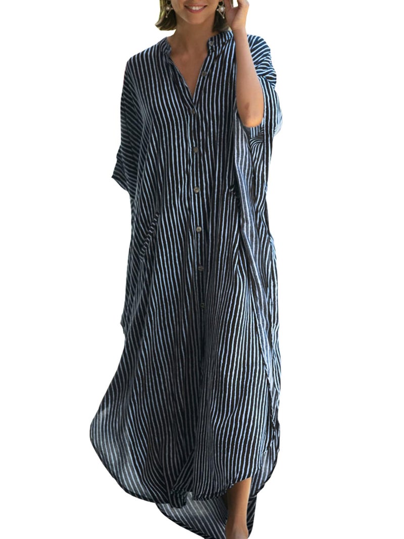 Chunoy Womens Striped Button Down V Neck Long Kaftan Dress Kimono Sleeve Loose Beachwear Side Split Dresses Black - Image 1