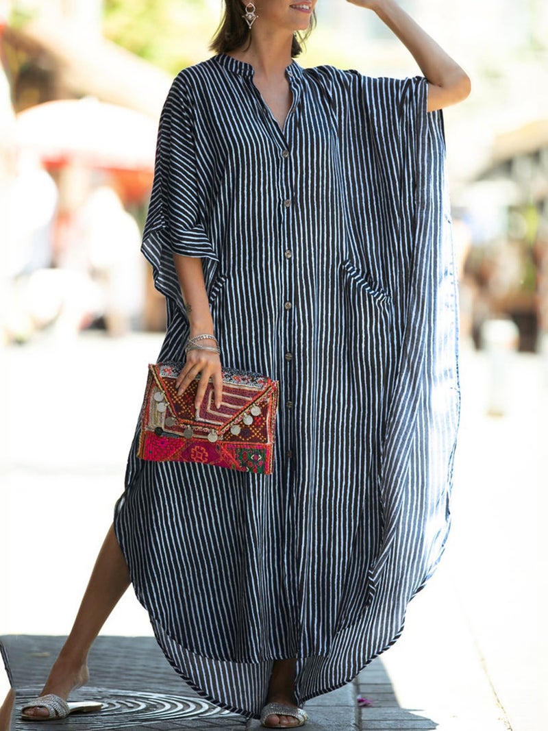 Chunoy Womens Striped Button Down V Neck Long Kaftan Dress Kimono Sleeve Loose Beachwear Side Split Dresses Black - Image 2