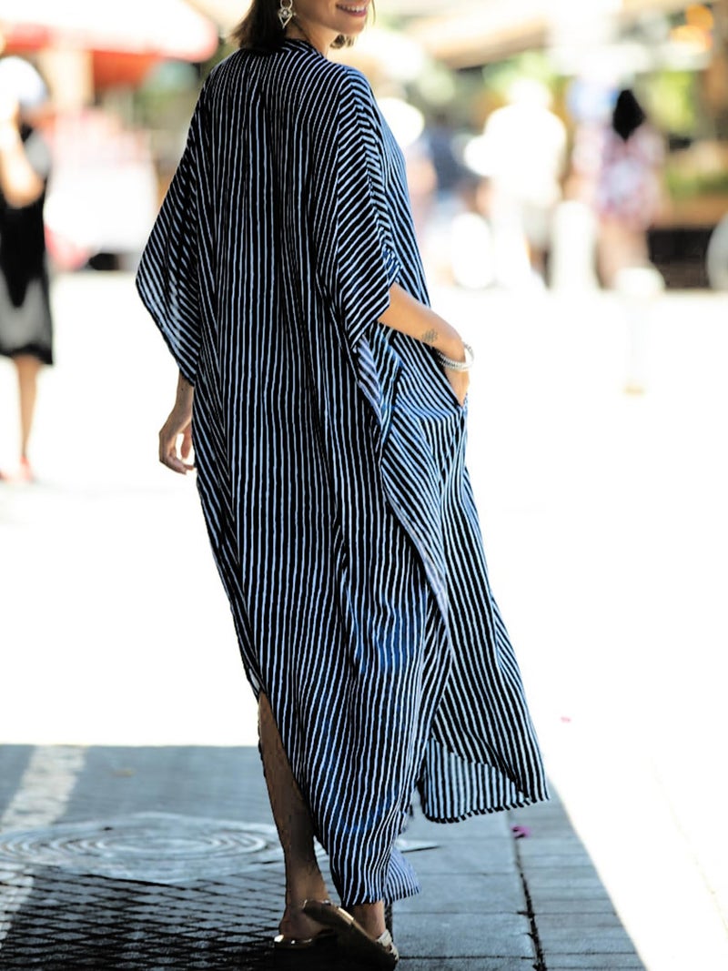 Chunoy Womens Striped Button Down V Neck Long Kaftan Dress Kimono Sleeve Loose Beachwear Side Split Dresses Black - Image 4