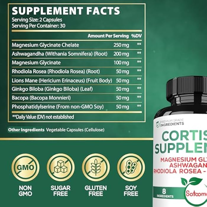 Satoomi 8in1 Cortisol Manager with Magnesium Glycinate, Ashwagandha, Rhodiola Rosea, Lions Mane & More - Cortisol Reducer Supplement Men & Women - 60 Capsules - Image 2