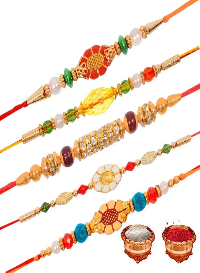 LYONIC KDS Kundan Gold Plated Rakhi for Brother/bhaiya bhabhi Combo (Pack of 5)(made in India) 81