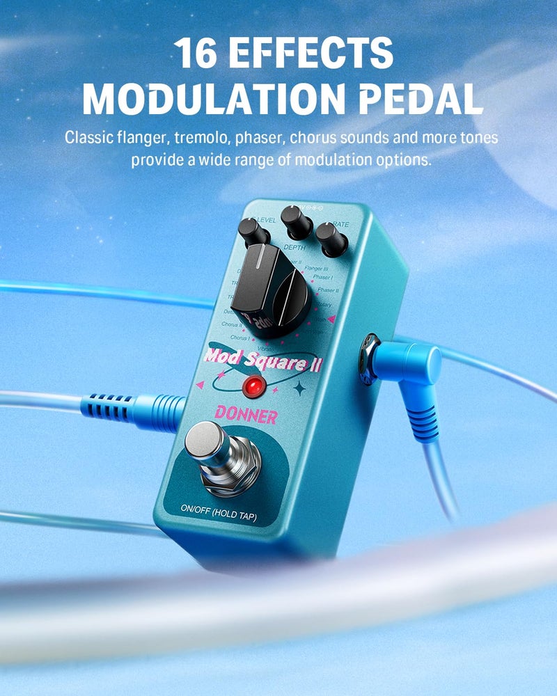 Donner Modulation Pedal - Mod Square â…¡ for Electric Guitar Pedal Boards, 16 Effects Chorus Phaser Tremolo Flanger Rotary Vibrato Wah Lo-fi Detune 16 Modulation Modes, True Bypass - Image 2