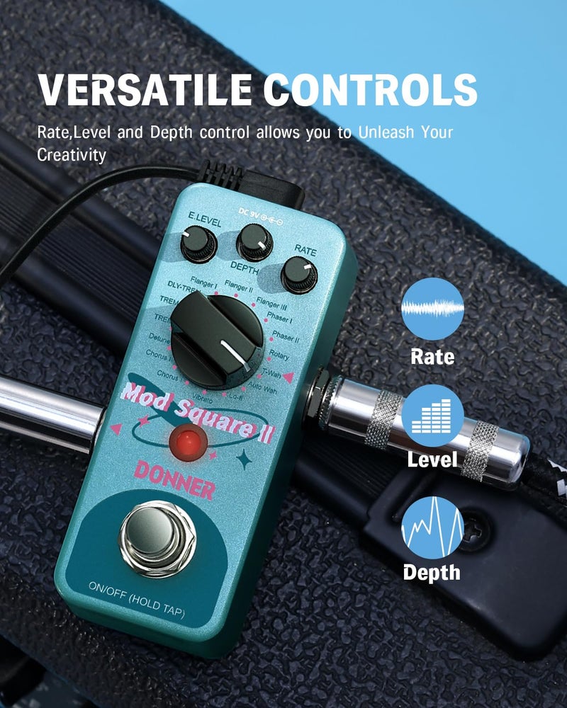 Donner Modulation Pedal - Mod Square â…¡ for Electric Guitar Pedal Boards, 16 Effects Chorus Phaser Tremolo Flanger Rotary Vibrato Wah Lo-fi Detune 16 Modulation Modes, True Bypass - Image 3
