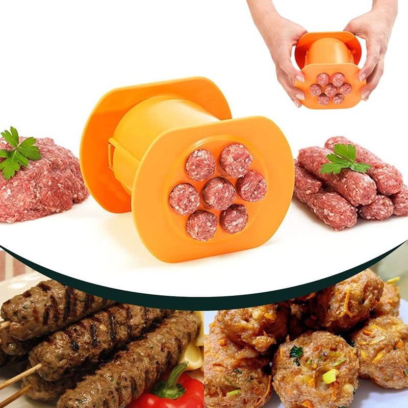 Guppy One Press Cevapcici Sausage Maker Stuffer 7 Sausages at Once Press Handmade Hot Dog Meat Strip Machine Molds Non Stick Kitchen Meatball Maker Barbecue Grilling Tools BBQ Accessories