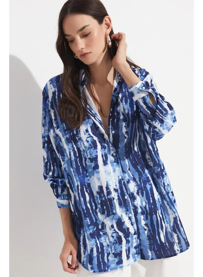 جون June Women Exclusive Boyfriend/Large Fit Blue Patterned Shirt Blue