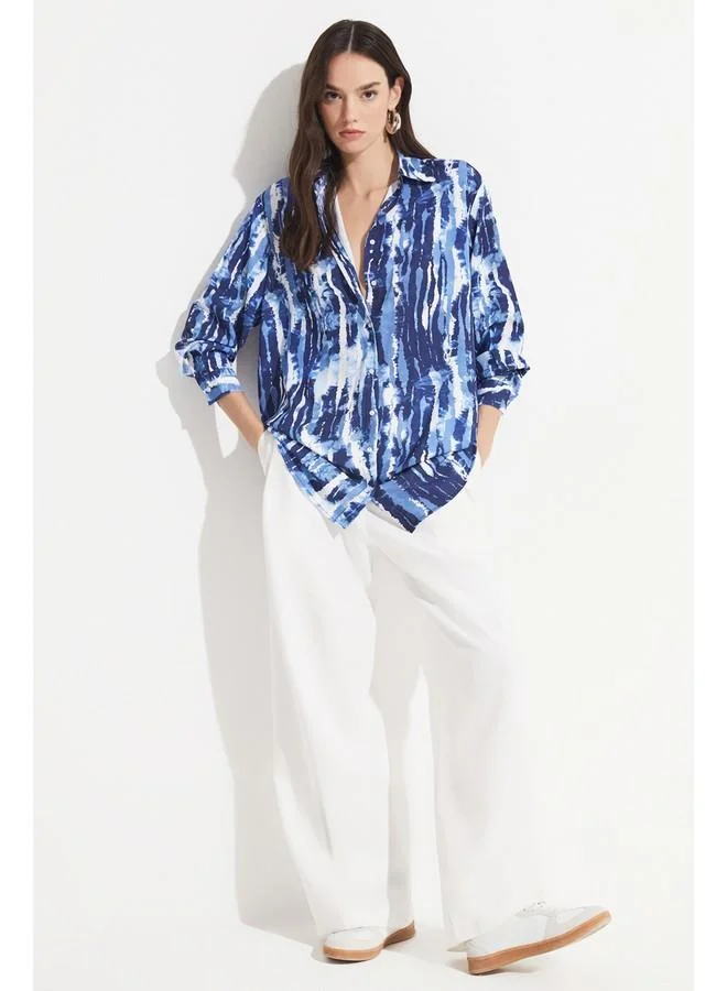 جون June Women Exclusive Boyfriend/Large Fit Blue Patterned Shirt Blue