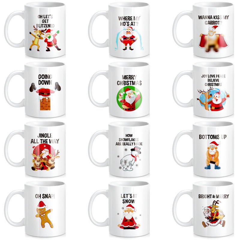 Suttmin 12 Pcs Christmas Coffee Magic Heat Changing Mug 12 oz Sublimation Color Changing Heat Sensitive Coffee Mug Ceramic Holiday Funny Novelty Xmas Gift for Women Men