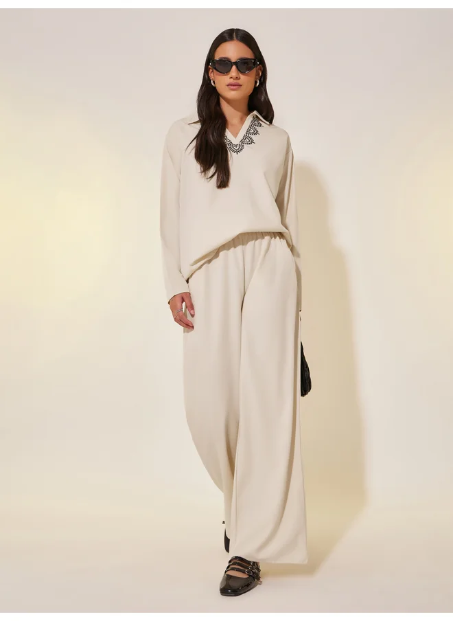 Take Two Take Two Embroidered Detail Collared Top and Pants Co-Ords