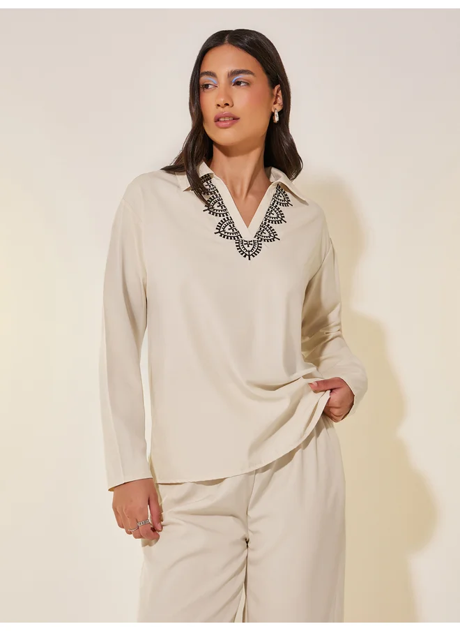Take Two Take Two Embroidered Detail Collared Top and Pants Co-Ords