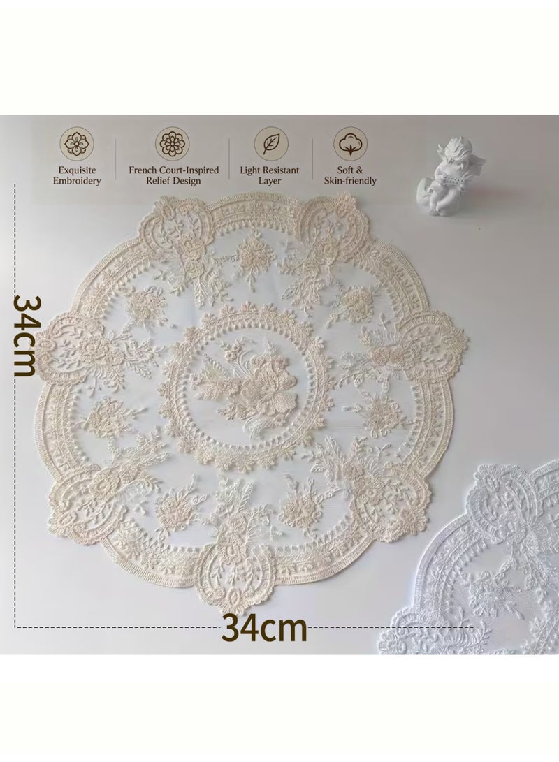 YALONG 2 Pack Retro French Style Lace Placemats, Dollies for Tables, Elegant Vintage Round Crochet Doilies Lace Placemats Knitted Tablecloth, Fashionable Embroidered Cup Mat Vase Mat, for Home Decor/Table Decor/Wedding/Party 34x34 Cm, Beige - Image 2