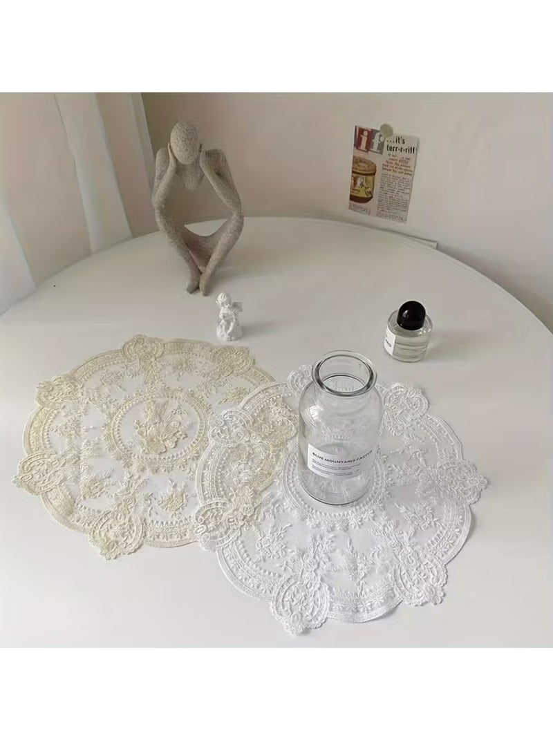 YALONG 2 Pack Retro French Style Lace Placemats, Dollies for Tables, Elegant Vintage Round Crochet Doilies Lace Placemats Knitted Tablecloth, Fashionable Embroidered Cup Mat Vase Mat, for Home Decor/Table Decor/Wedding/Party 34x34 Cm, Beige - Image 3
